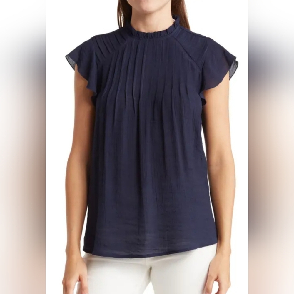 NWT Nanette Lepore Navy Flutter Pintuck Blouse, Size M